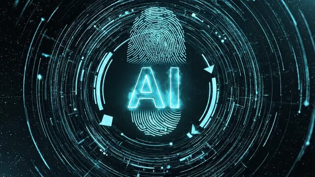 Glowing artificial intelligence logo spinning inside digital fingerprint interface 4k video