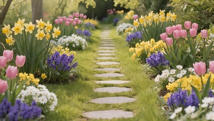 Obraz premium Spring Garden Path with Colorful Flowers and Soft Morning Light