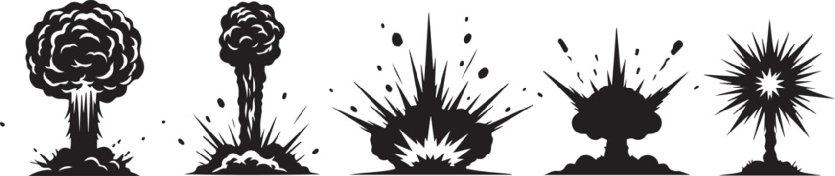Sequential illustration of different types of explosions and detonations silhouette vector icon