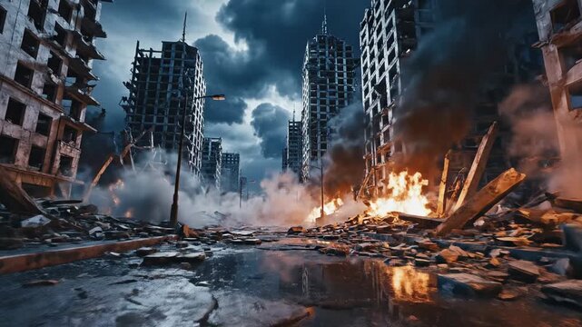 Post apocalyptic city street with burning buildings and rubble in a war zone under a dark sky.