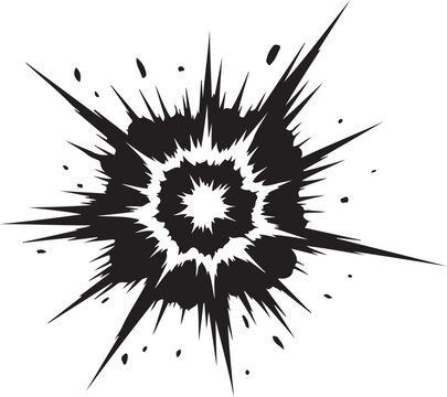 Dynamic explosion with radiating shockwaves and debris in a stark black and white composition silhouette vector icon