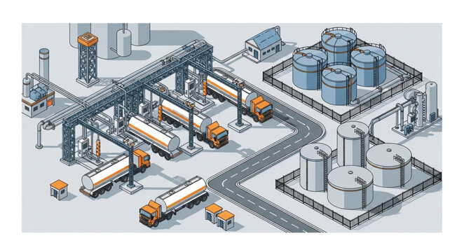 Industrial grain silo and tanker truck loading terminal facility.