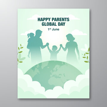 Happy Parents Global Day 1st June with happy family silhouette and globe illustration on green background