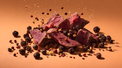 Juicy roasted meat chunks with peppercorns and spices on orange background, food photography. © MDRAFIQUL