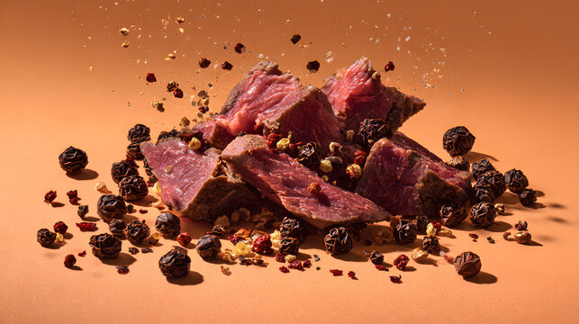 Juicy roasted meat chunks with peppercorns and spices on orange background, food photography.