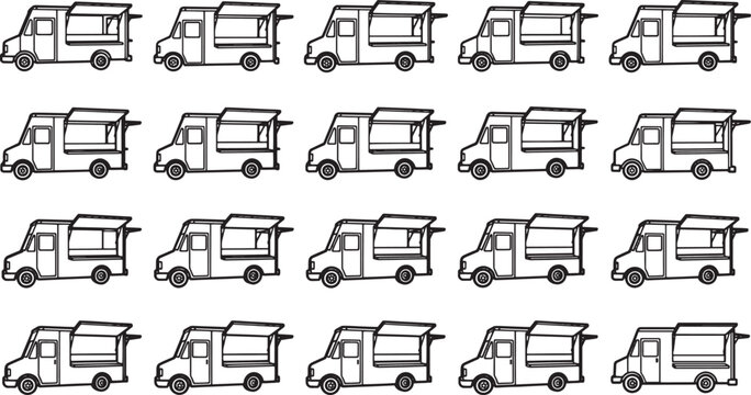 A fleet of meticulously illustrated food trucks arrayed in a pattern, evoking a sense of culinary variety.
