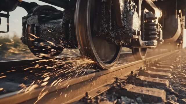 Train Travel Scenery with Glowing Sparks on Steel Tracks