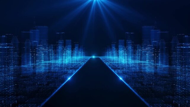 3D futuristic digital cityscape lights, streams of binary code advanced technology virtual environment. smart city technology themes, data networks, artificial intelligence innovation presentations 3D
