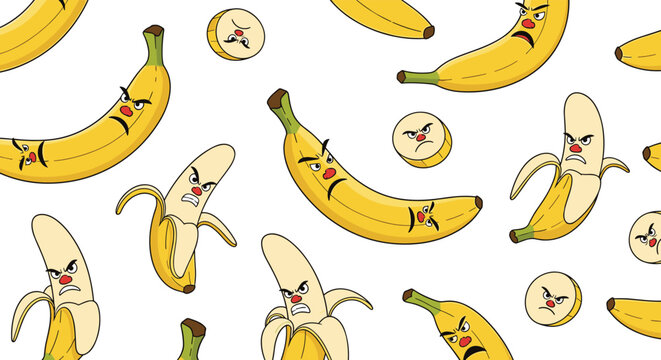 Seamless banana character pattern with funny angry expressions, cute cartoon fruit background illustration for kids, textile and packaging design