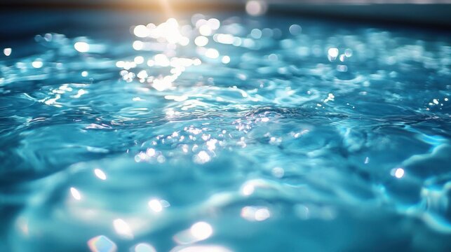 Close-up of shimmering blue water surface with gentle ripples and sunlit sparkling bokeh, evoking calm and refreshing serenity