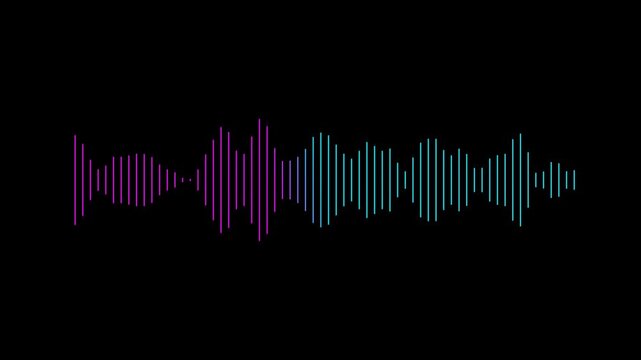 Gradient neon audio waveform equalizer animation with purple and blue glowing bars on transparent background seamless loop in 4K resolution perfect for music visuals UI. alpha channel