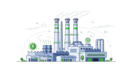 Fototapeta premium Vector illustration of a factory emitting smoke from tall smokestacks, designed with line art on a clean white background, conveying a sense of industrial production in a minimalist style