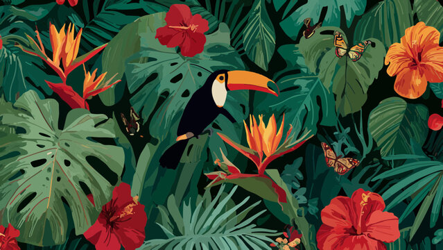 tropical maximalist jungle vector illustration with toucan, hibiscus, and monstera leaves