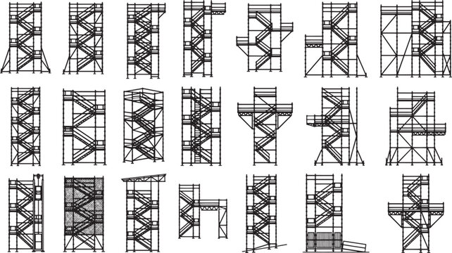 An assortment of diverse metal observation towers featuring intricate staircase designs, captured in a clean and uniform illustration, showcasing structural variety and architectural ingenuity.
