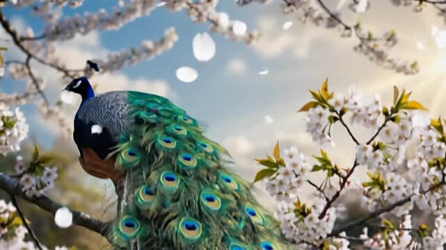 Majestic peacock with vibrant blue and green plumage perched on a cherry blossom branch in spring.