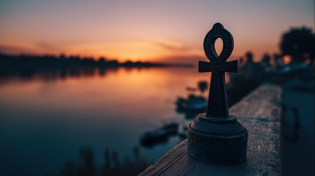 Sunset Over Water with Symbolic Figure