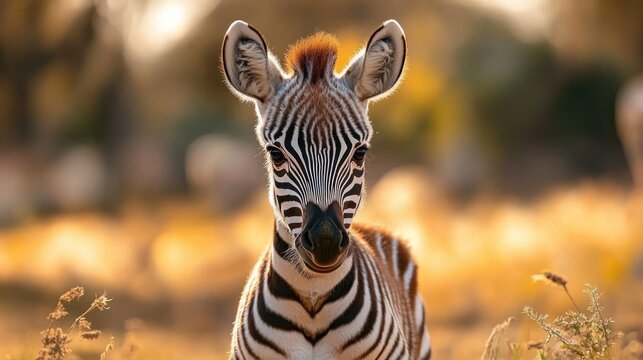 Curious young zebra foal standing in a sunlit grassy field with warm golden backlight, looking directly at the camera with a gentle, innocent expression