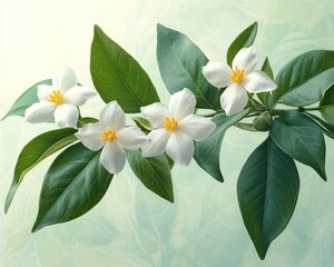 Obraz premium Branch of white five-petaled blossoms with yellow centers and glossy green leaves evoking calm freshness and gentle serenity