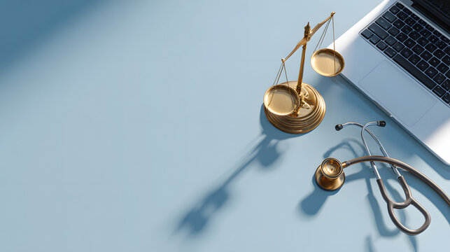 Legal scales and stethoscope near laptop computer representing medical law and healthcare justice.