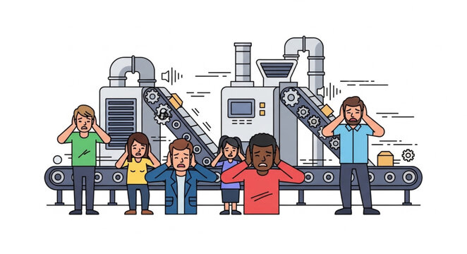 Factory workers covering ears near noisy machinery on assembly line.