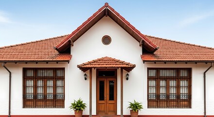 Fototapeta premium Elegant white residential building with a traditional red tiled roof and charming wooden entrance, showcasing classic architectural design under a clear blue sky