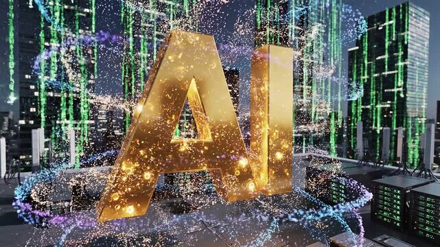 Golden ai logo floating over futuristic city rooftop with glowing data particles 4k video
