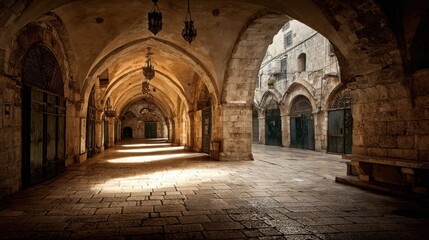Fototapeta premium Sunlit ancient stone alleyway with vaulted arches and cobblestone floor