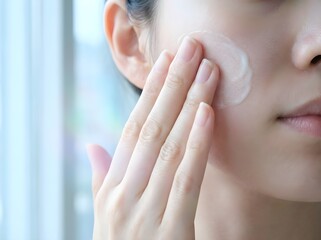 Naklejka premium Close-up of a woman applying white moisturizing cream to her cheek for a glowing and healthy skin beauty routine.