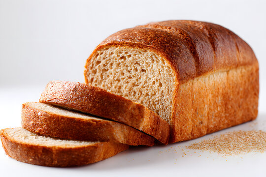 Loaf of sliced whole wheat bread with scattered crumbs on a white background.
