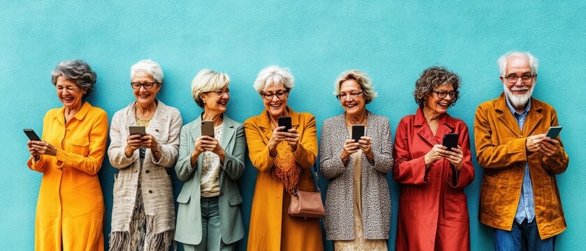 Seven older adults standing in a row against a turquoise wall, wearing colorful coats and intently engaged with their smartphones