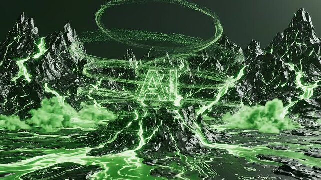 Dutch angle view of glowing ai logo above dark volcanic landscape with green light 4k video