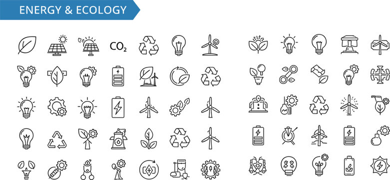 Energy and ecology line icons set with renewable power recycling sustainability and environmental technology symbols minimal outline vector collection