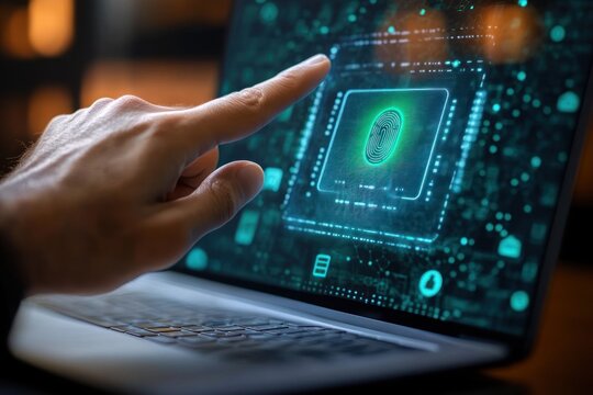 Hand reaching to touch glowing fingerprint biometric scanner on laptop screen with circuit graphics and blurred warm background, conveying secure focused access