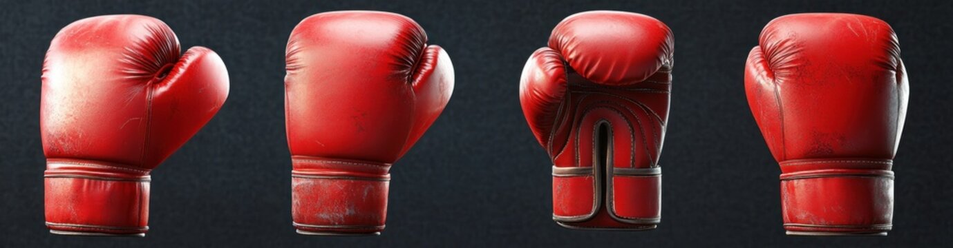 Four worn red boxing gloves shown from different angles on a dark background, textured leather and scuffed surfaces conveying grit, determination and readiness to fight