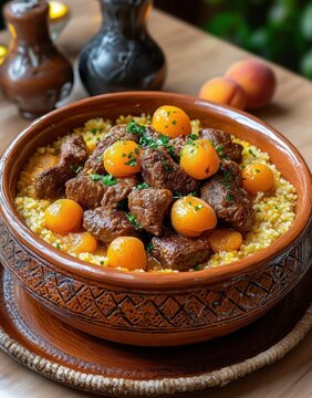 Hearty braised beef with golden apricots on a bed of couscous in a rustic carved ceramic bowl, warm inviting and comforting