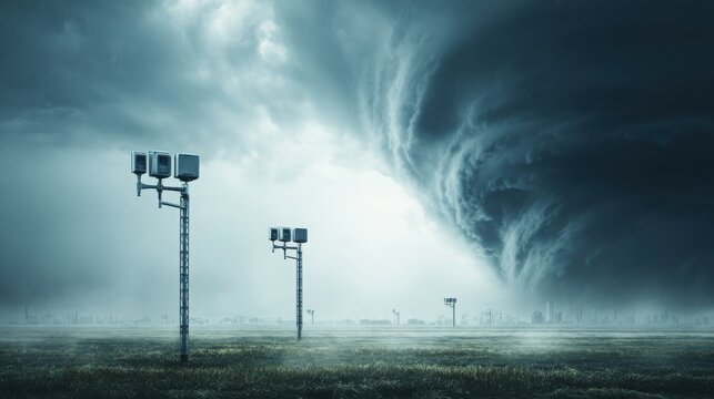 A massive tornado menacing a weather station and open field under a turbulent sky