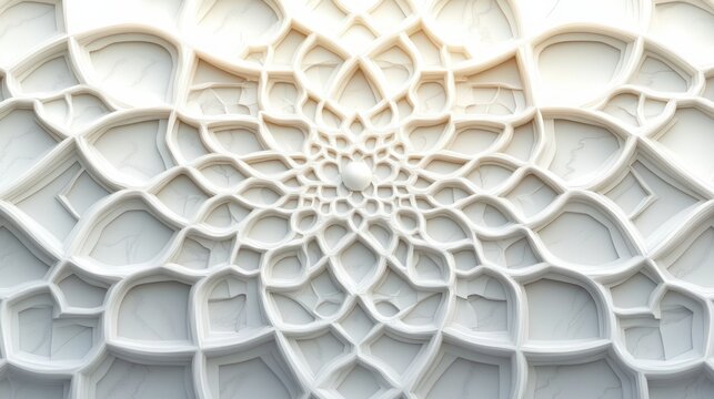 intricate layered white geometric floral rosette relief with central sphere, carved marble texture and soft shadows evoking a serene meditative elegant atmosphere
