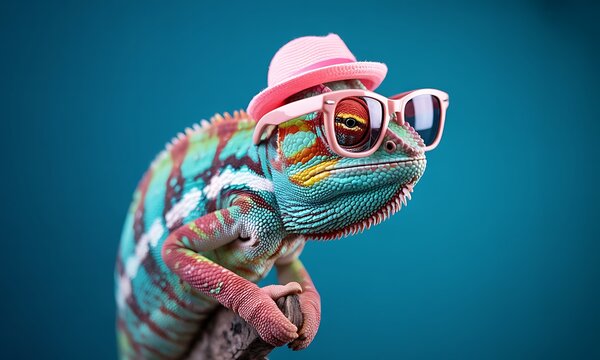 colorful chameleon wearing stylish sunglasses and hat for creative photography