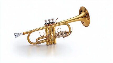 Fototapeta premium Shiny golden trumpet with mouthpiece, three valves, tuning slides, curved tubing and flared bell on a clean white background, polished and celebratory
