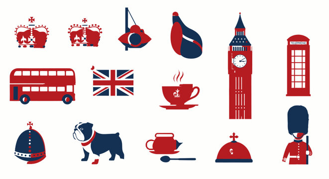 British themed flat icons showcase UK culture and symbols in red and blue