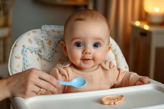 Tender feeding moment: baby in a high chair wearing a peach sweater being spoon-fed with a blue spoon amid warm nursery lighting and cozy patterned cushion