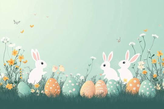group of white bunnies and two chicks among decorated pastel eggs in a grassy meadow with wildflowers and butterflies, whimsical joyful spring scene