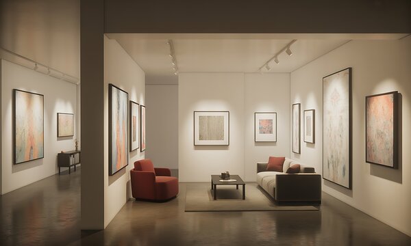 Modern gallery-style living room with abstract art and large windows