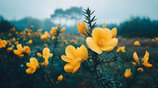 Macro view of gorse flowers with yellow petals and thorny green branches in misty morning field.