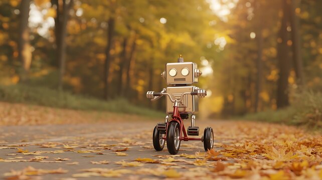 Cute robot toy riding small tractor in autumn forest path