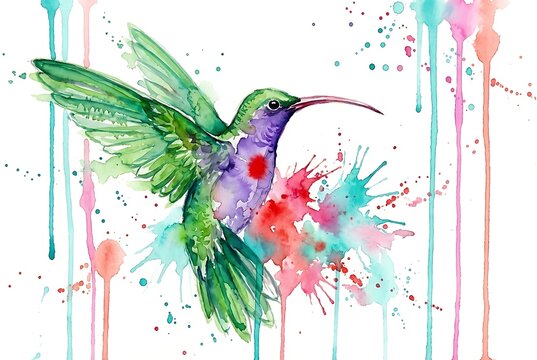 vibrant watercolor hummingbird illustration with colorful splatter art design