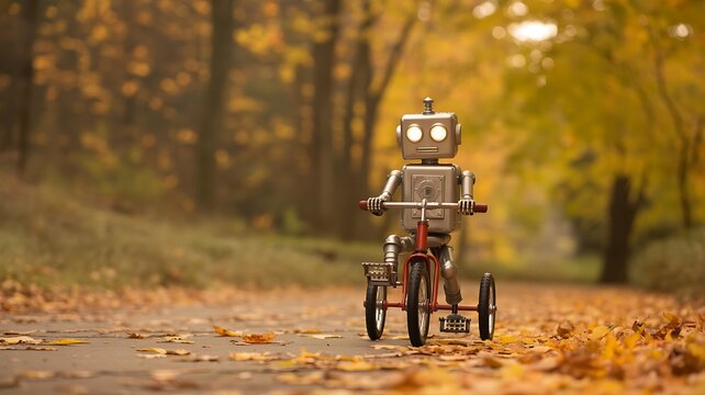 Cute robot riding small bicycle in a field for creative projects