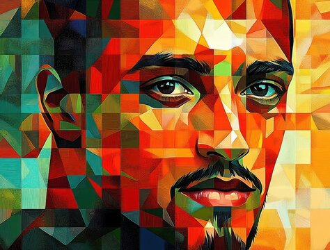 vibrant geometric mosaic portrait of a contemplative young man with trimmed beard, mustache and intense gaze, angular colorful tiles forming face and background