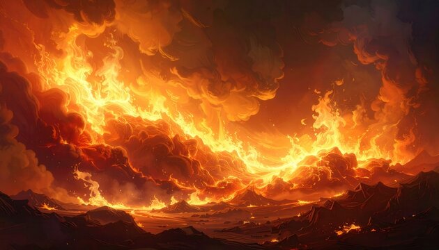 Cielo ardiente con nubes dram&aacute;ticas de fuego y humo sobre un paisaje oscuro, evocando una escena apocal&iacute;ptica de destrucci&oacute;n y calor.