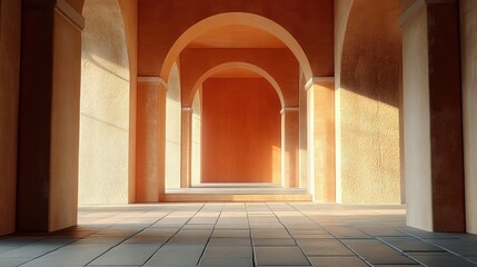 Naklejka premium Sunlit arched corridor with terracotta stucco walls, columns and tiled tiled floor casting warm shadows, calm serene empty passage